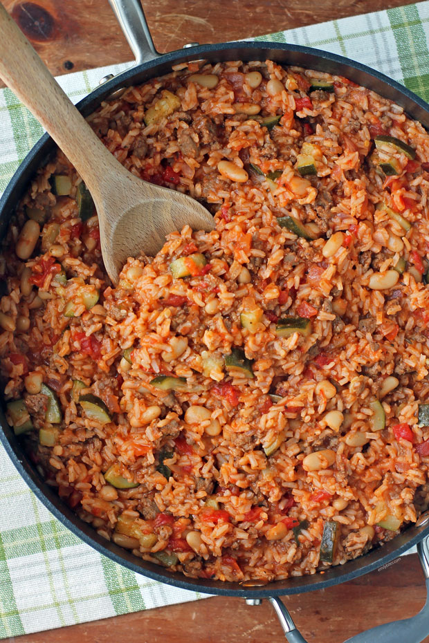 Italian Sausage Bean and Rice Skillet overhead in pan