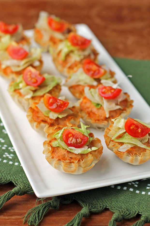 Taco Dip Bites lined up on a plate