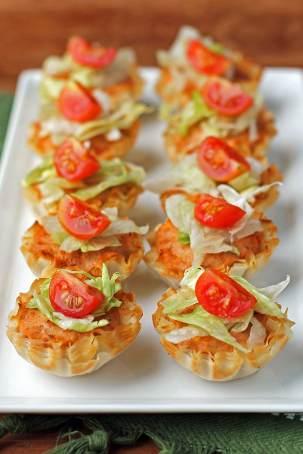 Taco Dip Bites in rows on a platter