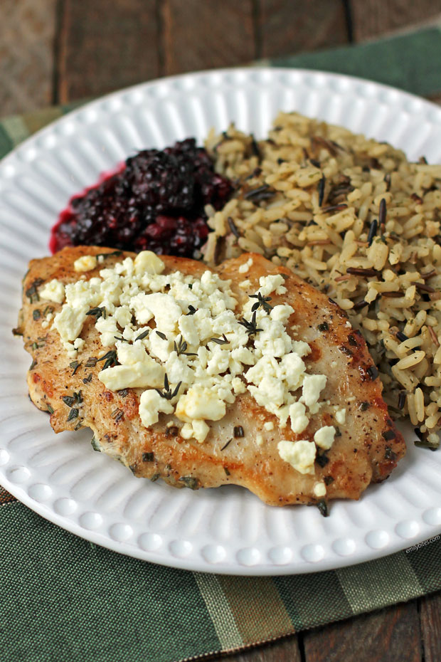 Feta and Blackberry Chicken Breasts on a plate with rice