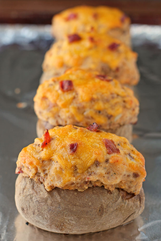 Bacon Cheeseburger Stuffed Twice Baked Potatoes on a baking sheet