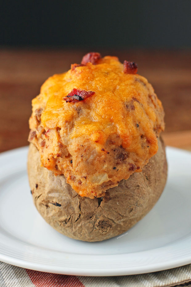 Bacon Cheeseburger Stuffed Twice Baked Potato on a plate