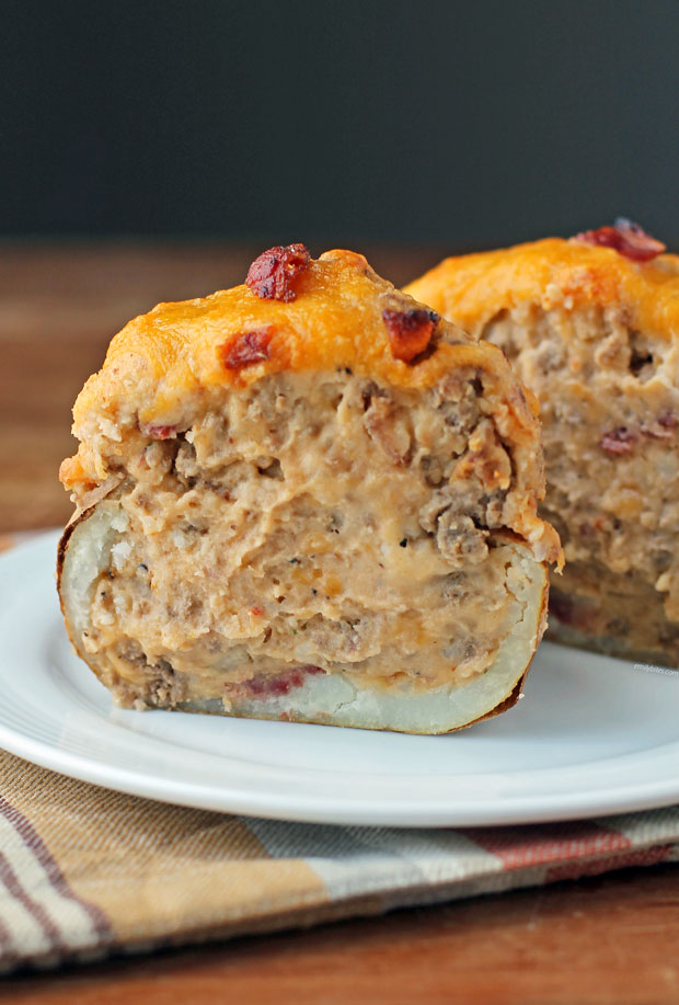 Bacon Cheeseburger Stuffed Twice Baked Potato cut open