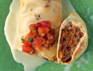 Beef and Bean Chimichangas cut open on a plate