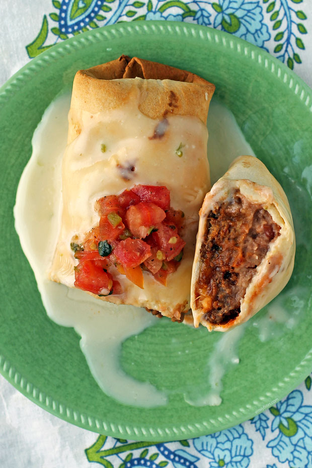 Beef and Bean Chimichangas cut open on a plate