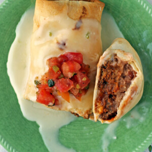 Beef and Bean Chimichangas cut open on a plate