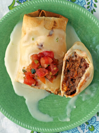 Beef and Bean Chimichangas cut open on a plate