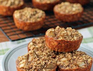 Chai Spiced Pear Baked Oatmeal Singles stacked on a plate