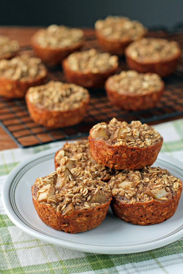 Chai Spiced Pear Baked Oatmeal Singles stacked on a plate