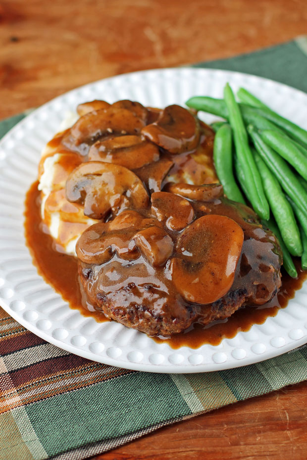 Salisbury Steak with Mushroom Gravy, mashed potatoes, and green beans