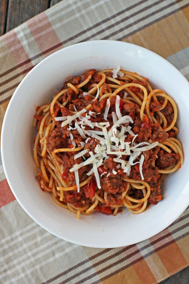 Spaghetti with Bolognese sauce and Parmesan