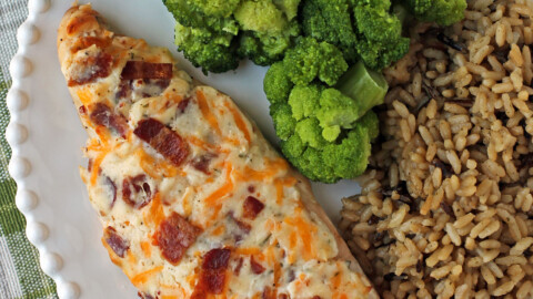 Cheesy Bacon Ranch Baked Chicken overhead with broccoli and rice