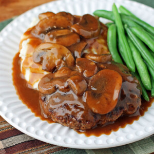 Salisbury Steak with Mushroom Gravy, mashed potatoes, and green beans