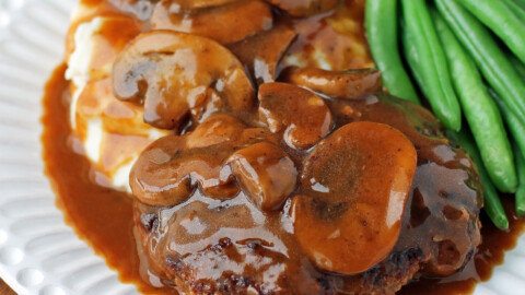 Salisbury Steak with Mushroom Gravy, mashed potatoes, and green beans