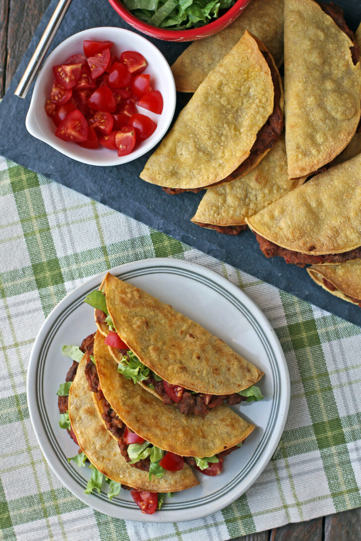 Baked Beef and Bean Tacos overhead on a plate