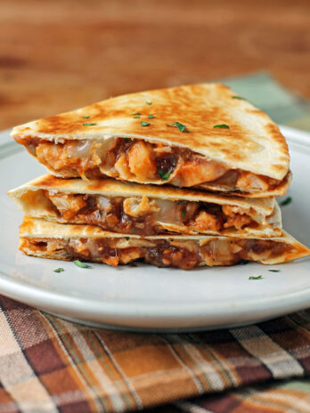 Barbecue Chicken Quesadilla stacked on a plate