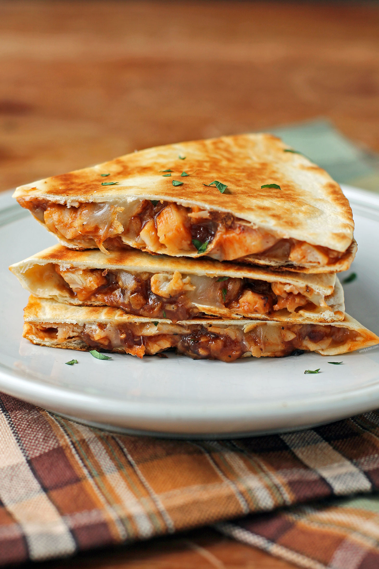Barbecue Chicken Quesadillas - Emily Bites