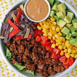 Beef Taco Salad with Salsa-Ranch Dressing in a bowl