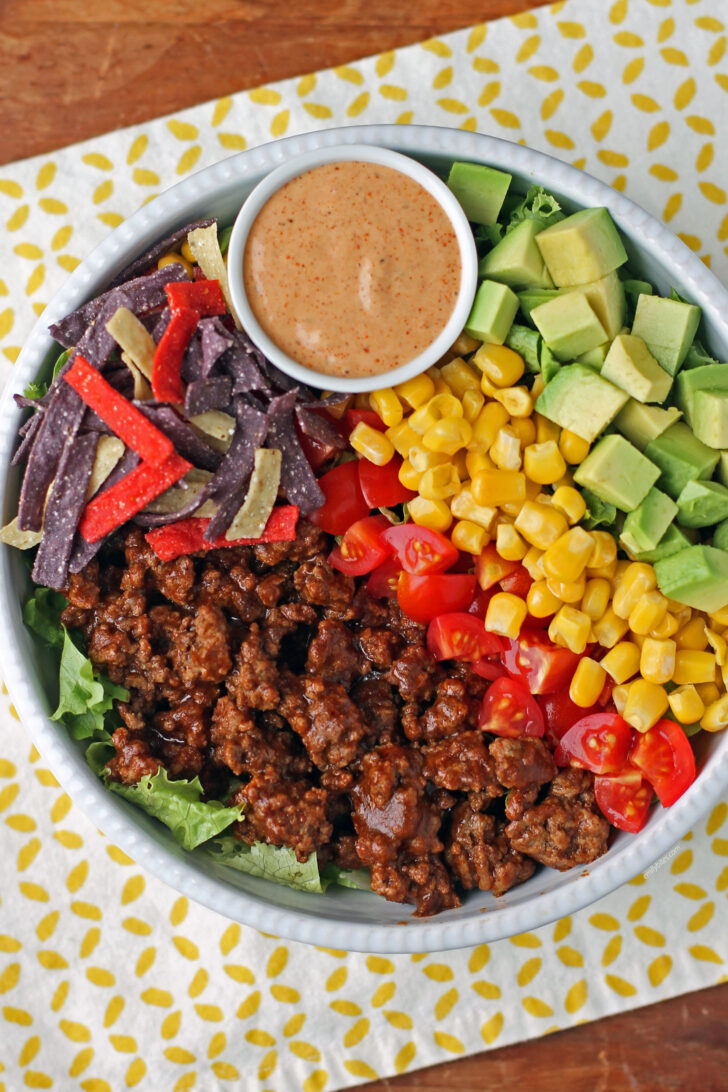 Beef Taco Salad with Salsa-Ranch Dressing in a bowl