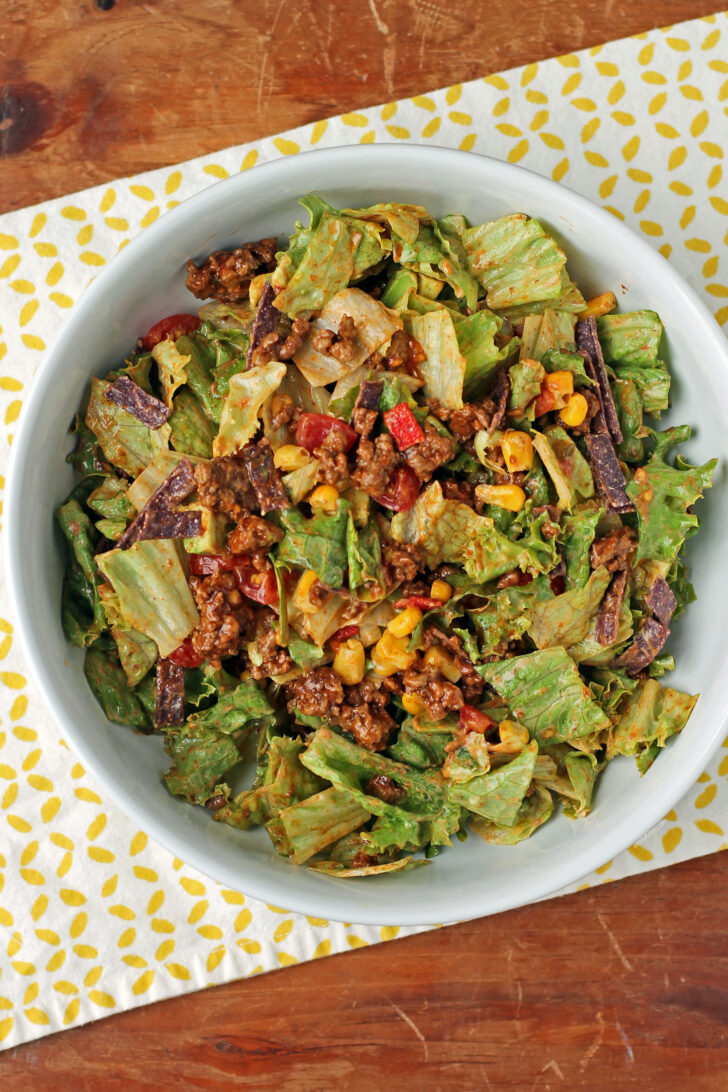 Beef Taco Salad with Salsa-Ranch Dressing all mixed together