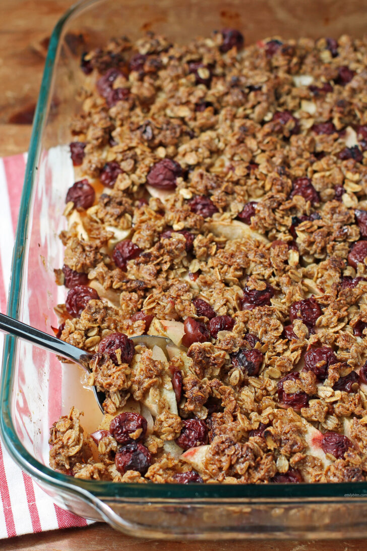 Cherry Apple Crisp in a baking dish