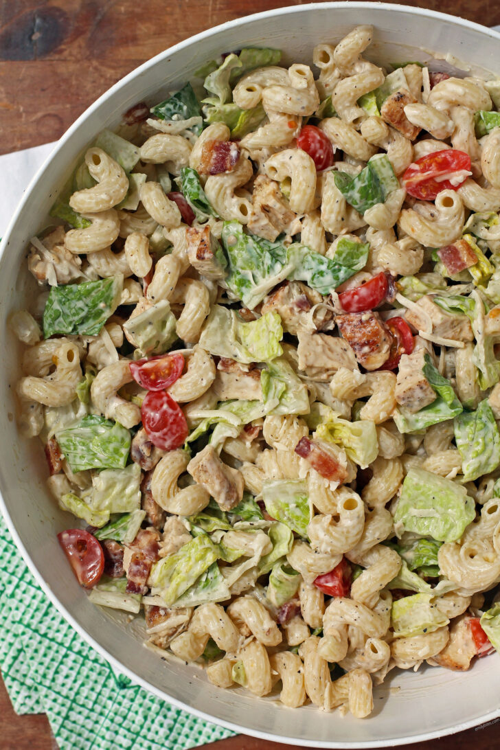 Chicken Caesar Pasta Salad overhead in a bowl