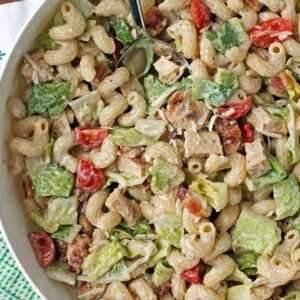 Chicken Caesar Pasta Salad overhead with spoon