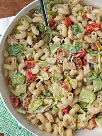 Chicken Caesar Pasta Salad overhead with spoon