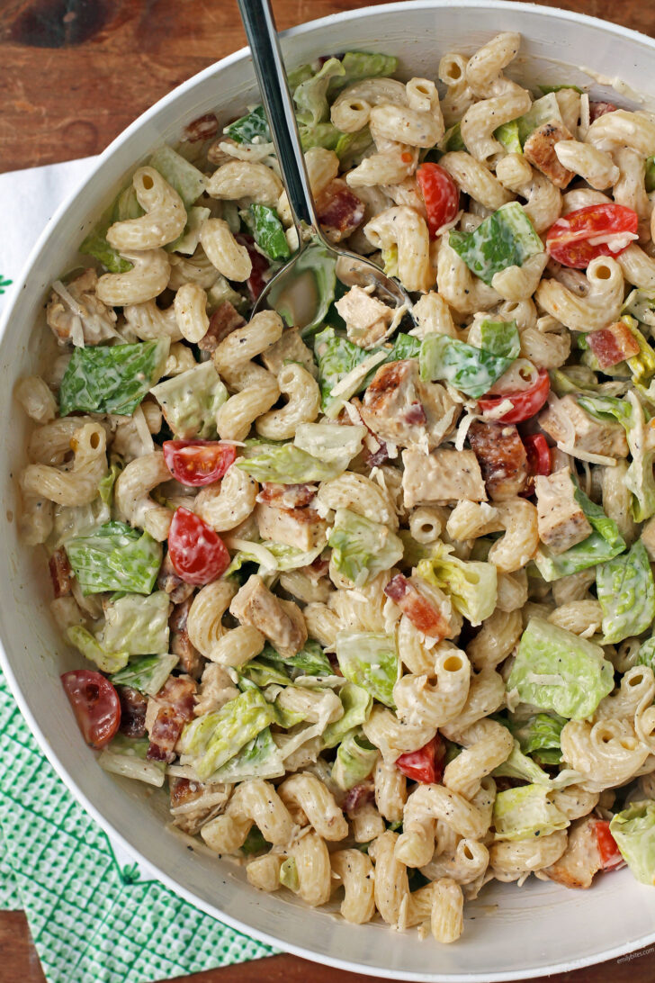 Chicken Caesar Pasta Salad overhead with spoon