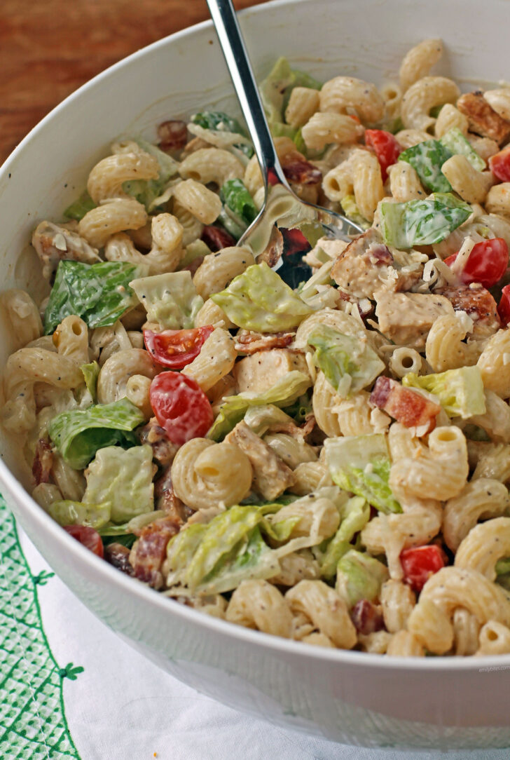Chicken Caesar Pasta Salad in a serving bowl