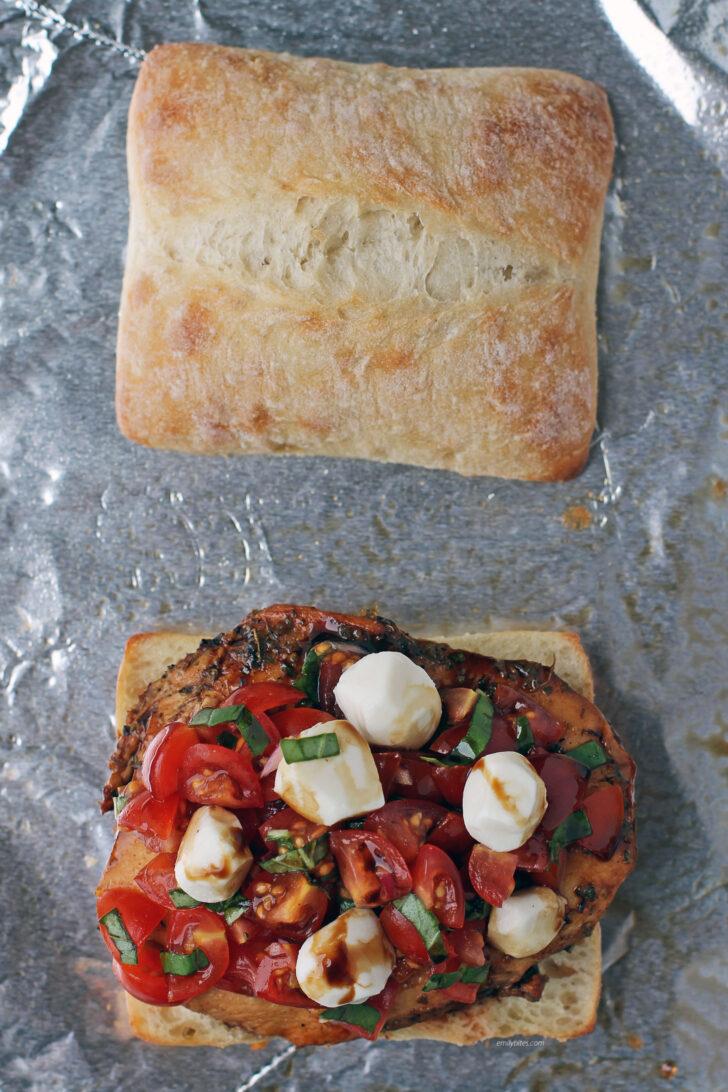 Bruschetta Chicken Sandwich on a baking sheet