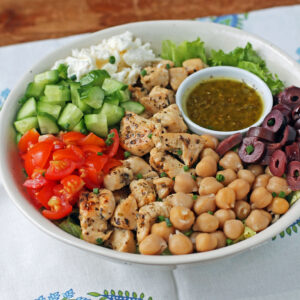 Mediterranean Chicken Chopped Salad in a bowl