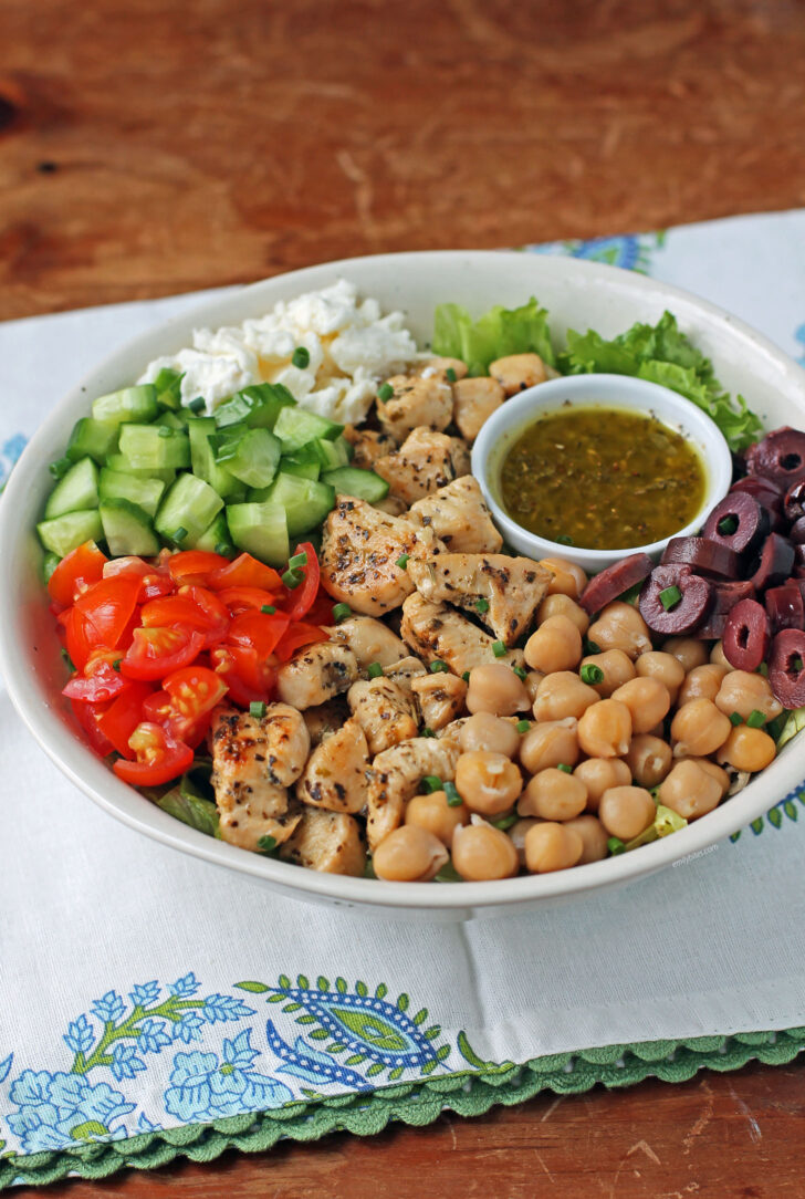 Mediterranean Chicken Chopped Salad in a bowl