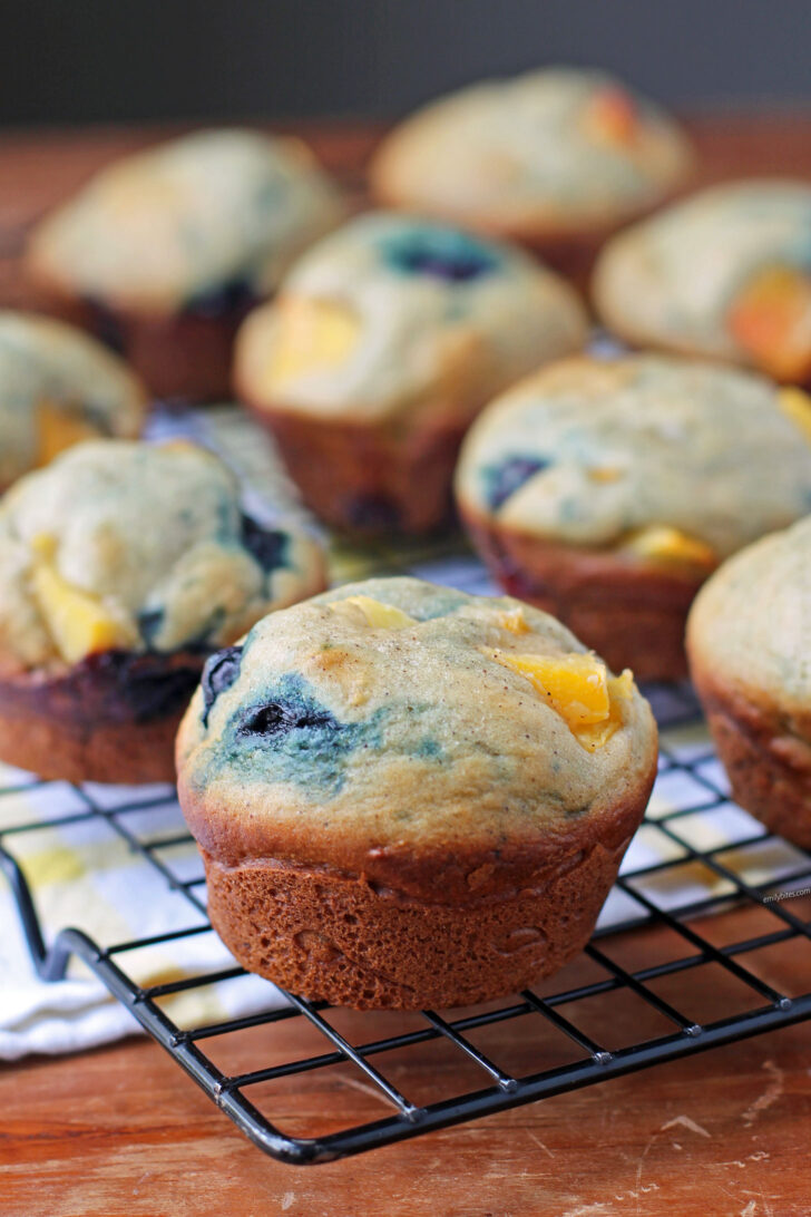 Peach Blueberry Muffins on a cooling rack