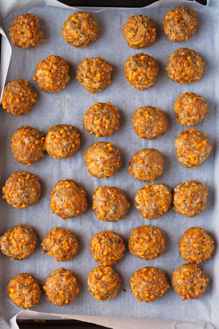 Bisquick Chicken Sausage Balls cooked on baking sheet