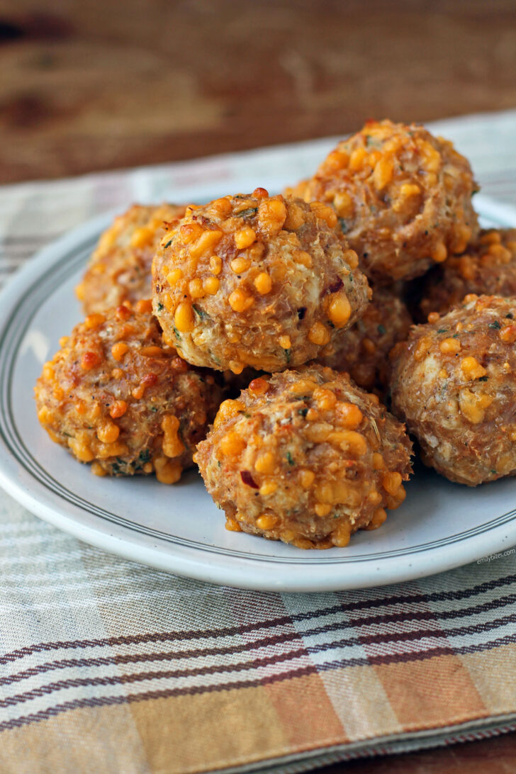Bisquick Chicken Sausage Balls stacked on a plate close up
