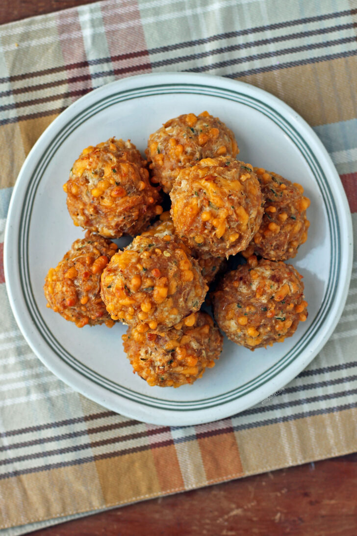Bisquick Chicken Sausage Balls stacked on a plate overhead