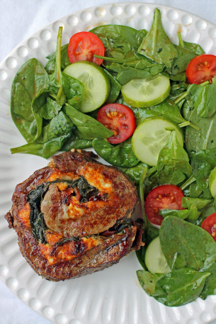 Stuffed Balsamic Flank Steak Pinwheel plated overhead