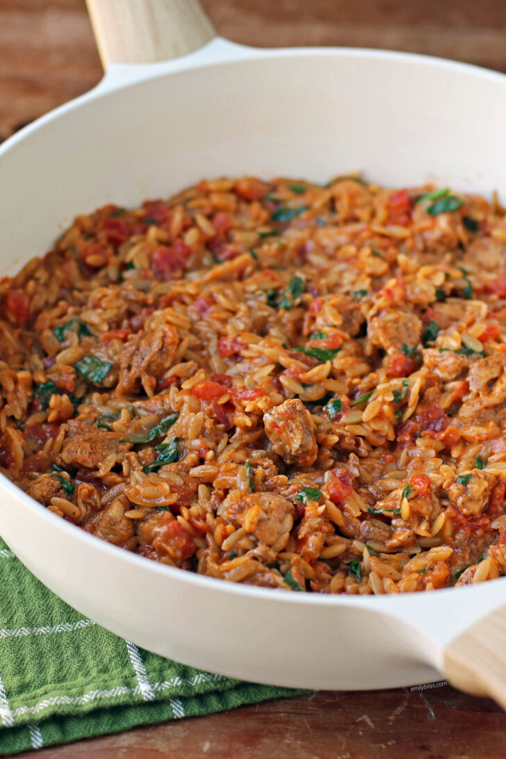 Cajun Chicken Orzo Skillet close up in pan