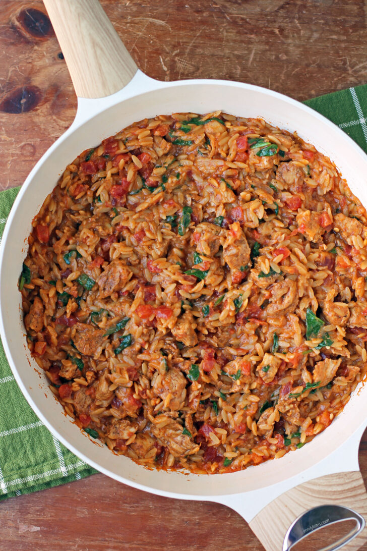 Cajun Chicken Orzo Skillet overhead shot