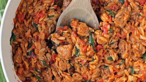 Cajun Chicken Orzo Skillet stirred in pan