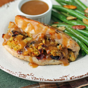 Chicken and Stuffing with Gravy plated close up