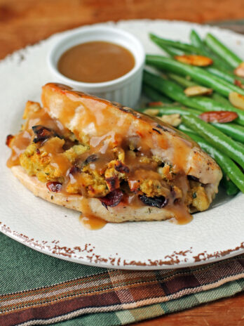 Chicken and Stuffing with Gravy plated close up