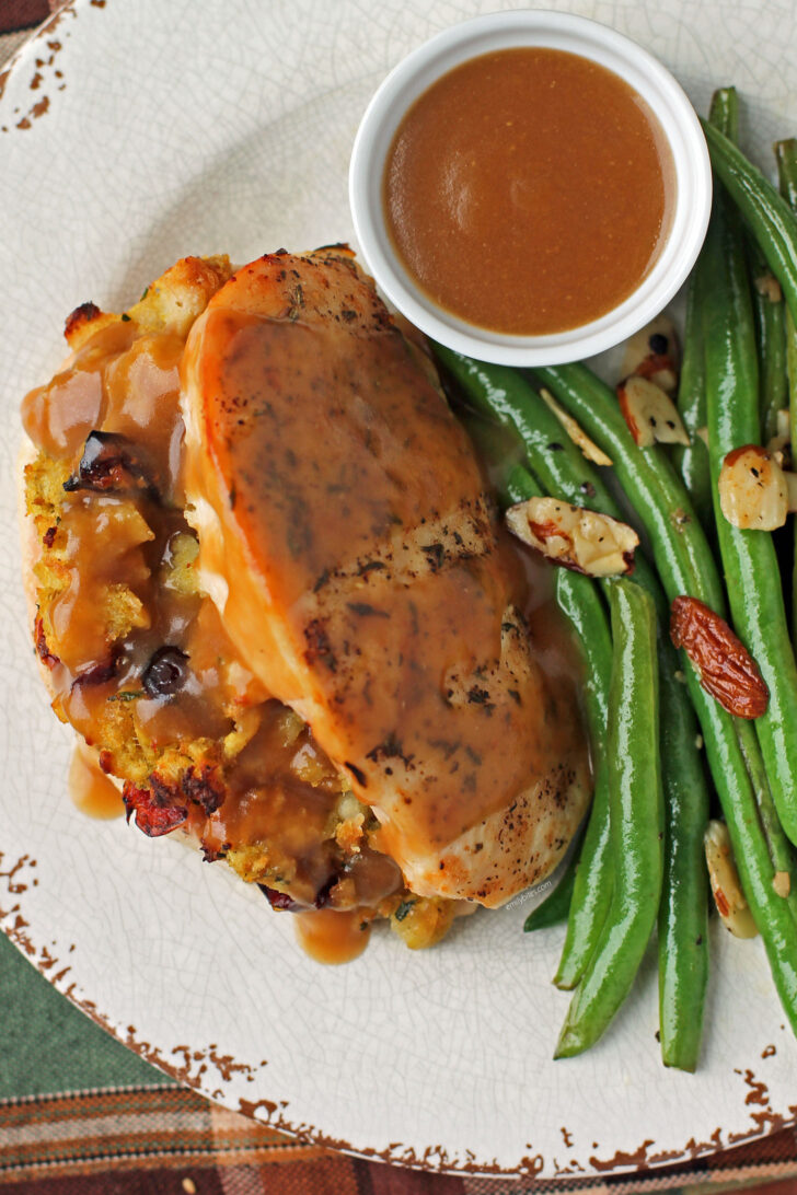 Chicken and Stuffing with Gravy overhead with green beans
