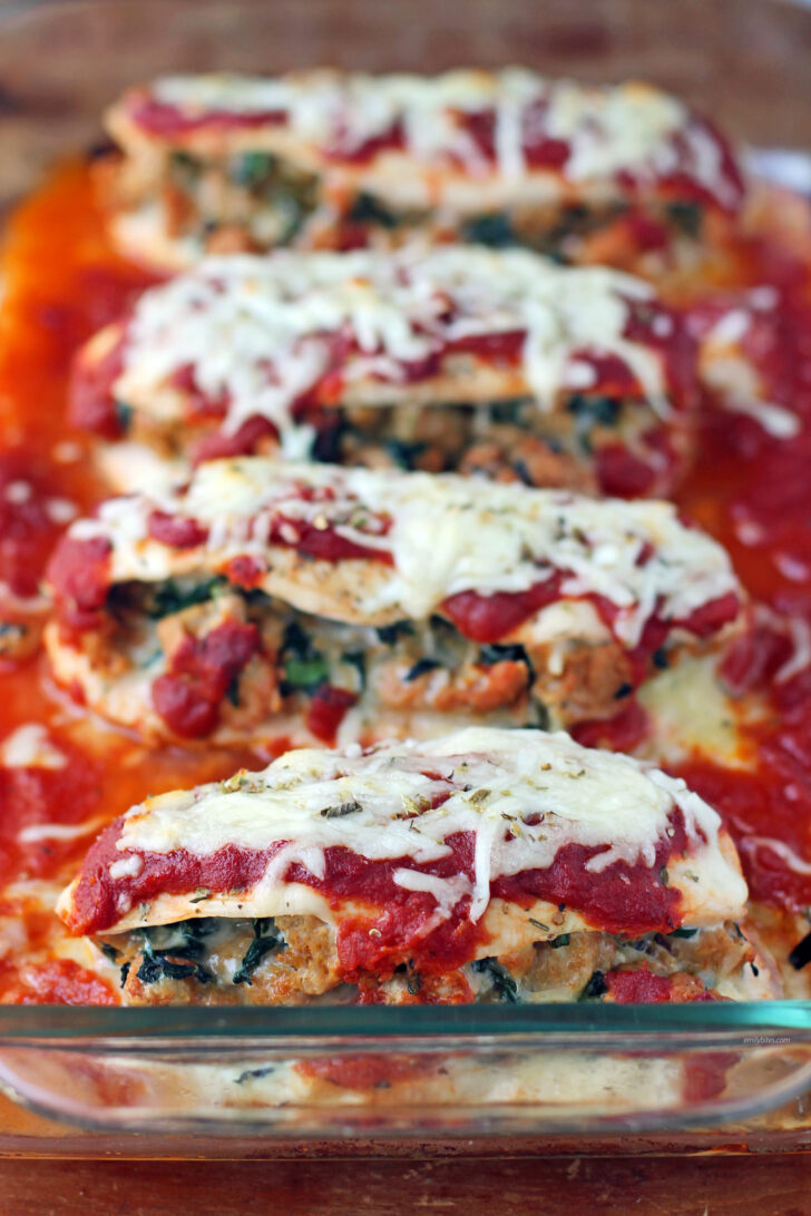 Italian Sausage Stuffed Chicken Bake in a serving dish