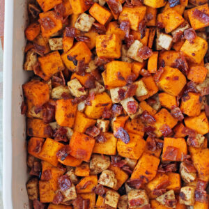 Maple Bacon Butternut Squash and Apple Bake in a baking dish