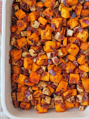 Maple Bacon Butternut Squash and Apple Bake in a baking dish