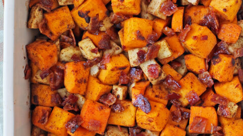Maple Bacon Butternut Squash and Apple Bake in a baking dish