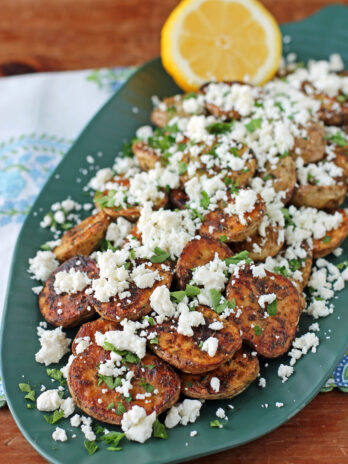 Greek Roasted Potatoes with Feta close up