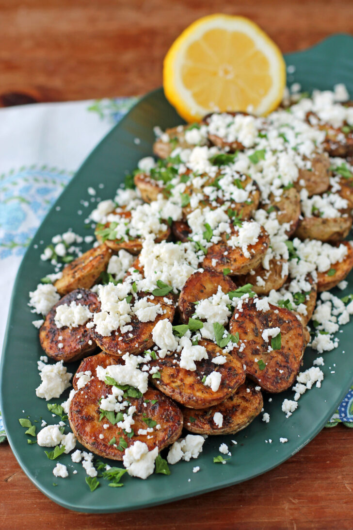 Greek Roasted Potatoes with Feta close up